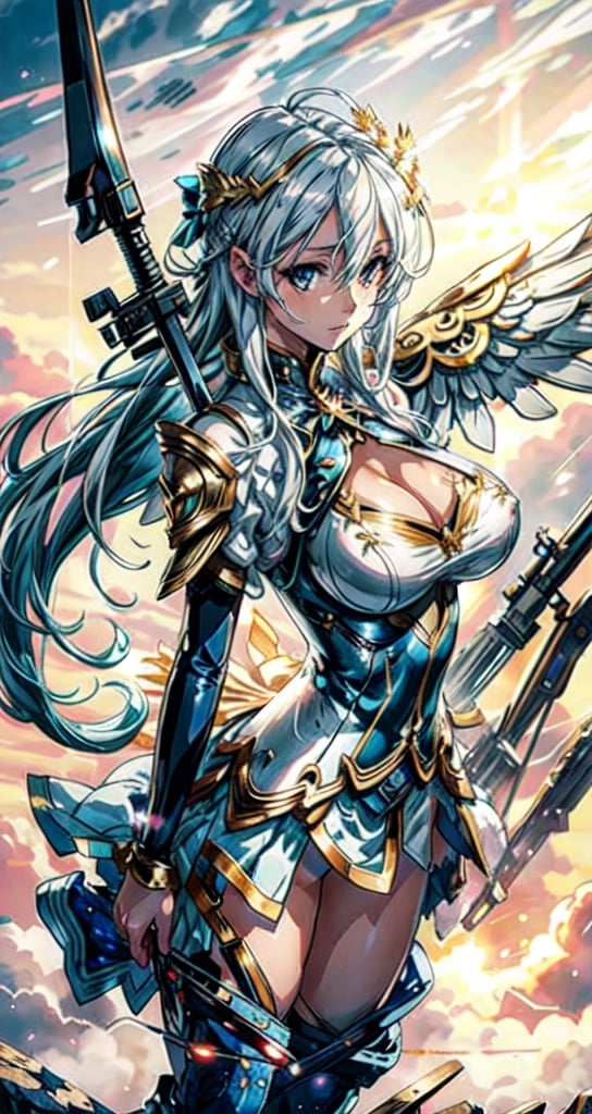 1 beautiful Valkyrie girl, sexy action pose, very long delicated platinum hair, bright gold eyes, holding a magical valkyrie sword, big giant angel wings, gigantic breasts, cleavage, clouds and giant sun in background, detailed, masterpiece quality, close-up, front of view ,fantasy00d, beams light effect, symmetrical ,giga_busty