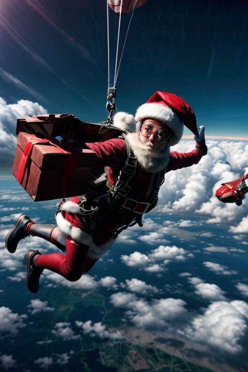Santa Claus skydiving with a gift box, in the sky
,<lora:659111690174031528:1.0>