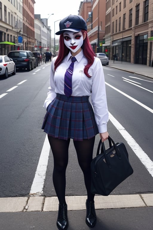 joker as a highschool girl wearing hat and uniforms, fully clothed , full body shot. on the street, giga_busty