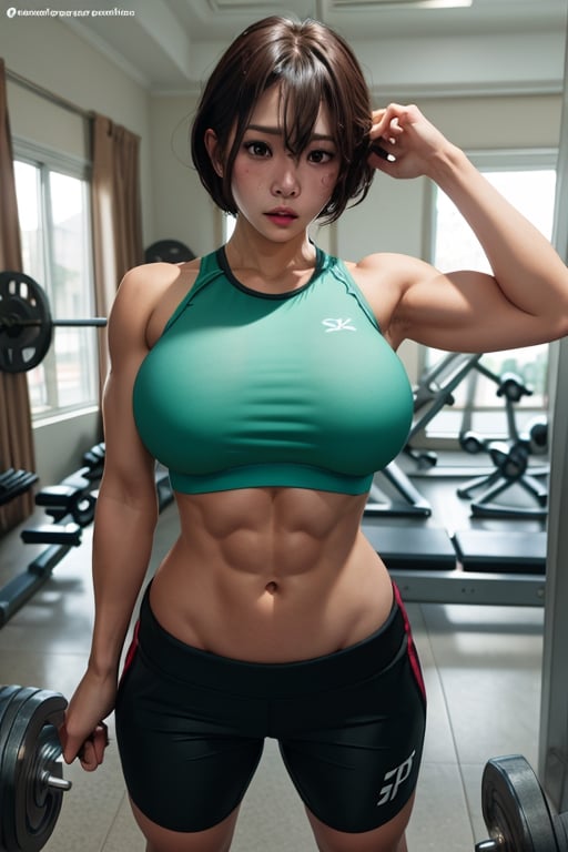 solo girl, beautiful, gym, mirror, dumbell, wearing sports bra, shorts pants, average breast, sweatdrop, angry, (( messy hair )), abs, detailed body, shiny skin, giga_busty