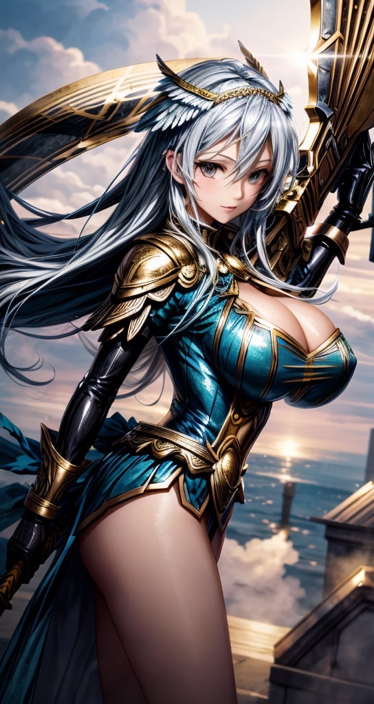 1 beautiful Valkyrie girl, sexy action pose, very long delicated platinum hair, bright gold eyes, holding a magical valkyrie sword, big giant angel wings, gigantic breasts, cleavage, clouds and giant sun in background, detailed, masterpiece quality, close-up, front of view ,fantasy00d, beams light effect, symmetrical ,giga_busty