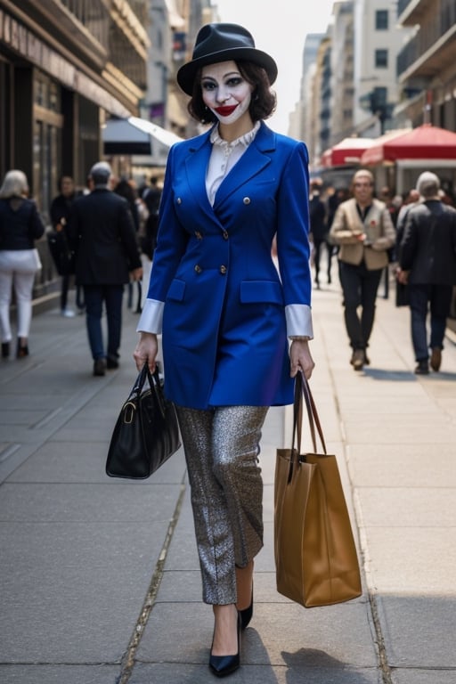 Joker dressed as a mature woman wearing hat and having a bag, full body shot, on the crowded street, giga_busty