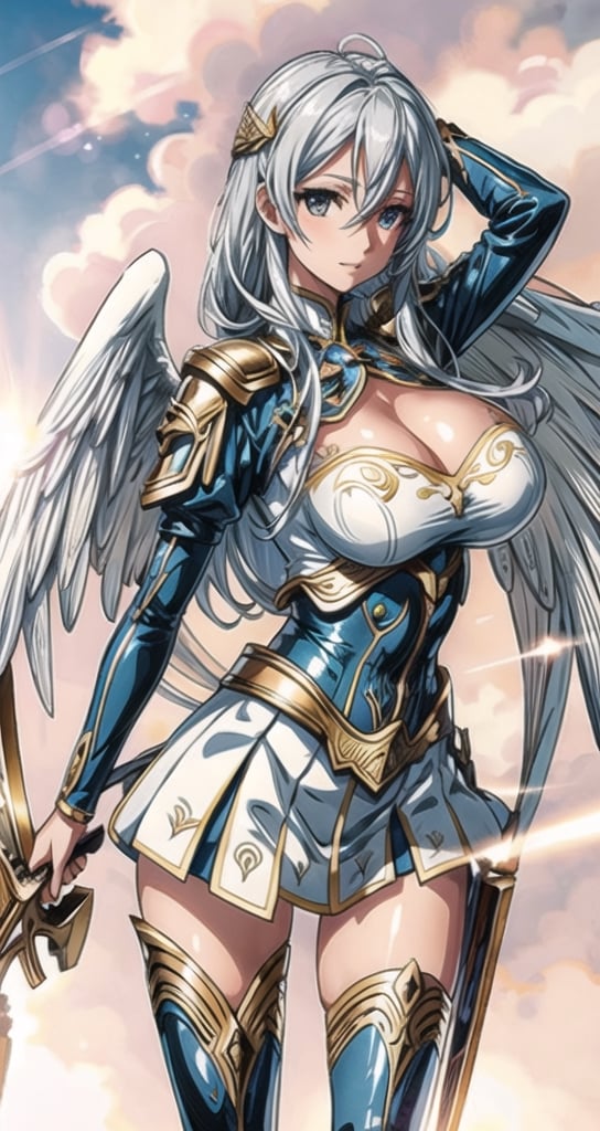 1 beautiful Valkyrie girl, sexy action pose, very long delicated platinum hair, bright gold eyes, holding a magical valkyrie sword, big giant angel wings, gigantic breasts, cleavage, clouds and giant sun in background, detailed, masterpiece quality, close-up, front of view ,fantasy00d, beams light effect, symmetrical ,giga_busty