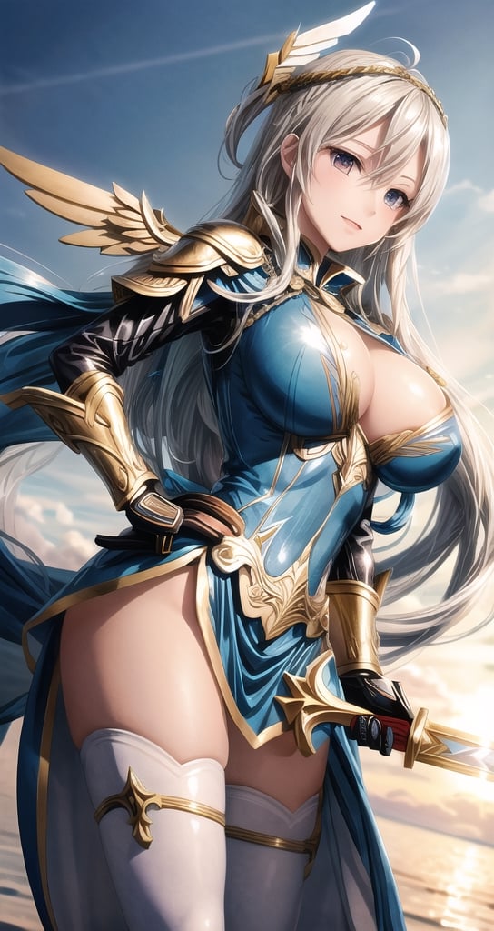 1 beautiful Valkyrie girl, sexy action pose, very long delicated platinum hair, bright gold eyes, holding a magical valkyrie sword, big giant angel wings, gigantic breasts, cleavage, clouds and giant sun in background, detailed, masterpiece quality, close-up, front of view ,fantasy00d, beams light effect, symmetrical ,giga_busty