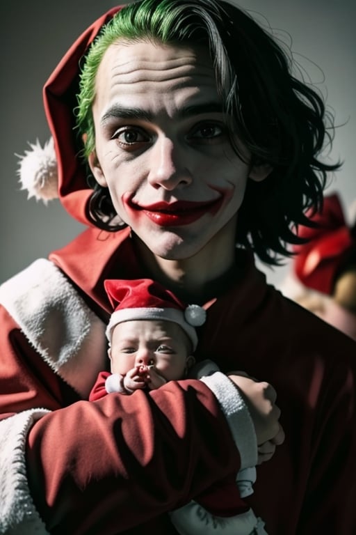 Image of the Joker dressed as a baby and Santa Claus who brought such a Joker as a gift.
,<lora:659111690174031528:1.0>