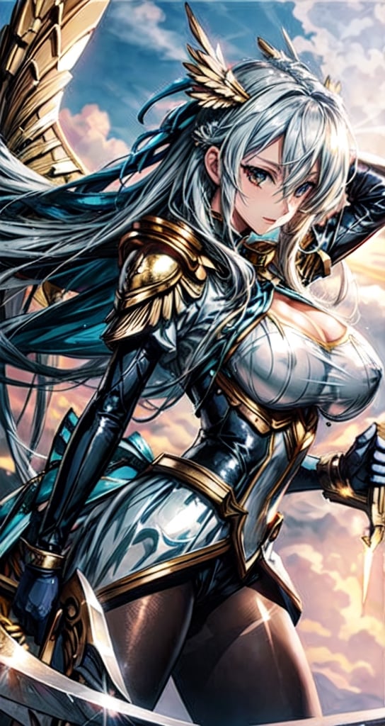 1 beautiful Valkyrie girl, sexy action pose, very long delicated platinum hair, bright gold eyes, holding a magical valkyrie sword, big giant angel wings, gigantic breasts, cleavage, clouds and giant sun in background, detailed, masterpiece quality, close-up, front of view ,fantasy00d, beams light effect, symmetrical ,giga_busty