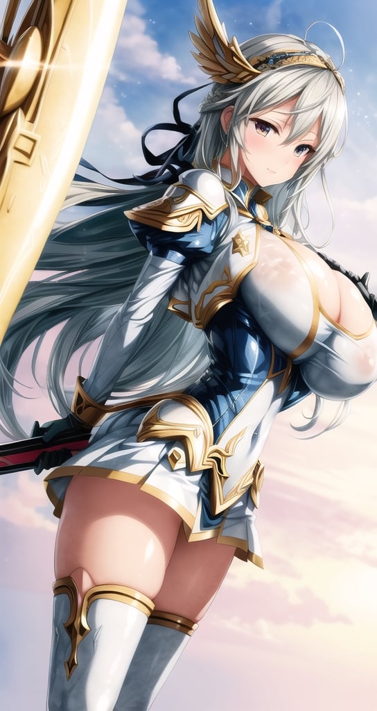 1 beautiful Valkyrie girl, sexy action pose, very long delicated platinum hair, bright gold eyes, holding a magical valkyrie sword, big giant angel wings, gigantic breasts, cleavage, clouds and giant sun in background, detailed, masterpiece quality, close-up, front of view ,fantasy00d, beams light effect, symmetrical ,giga_busty