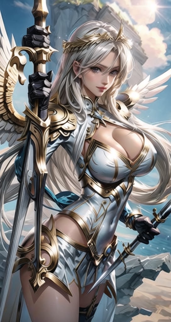 1 beautiful Valkyrie girl, sexy action pose, very long delicated platinum hair, bright gold eyes, holding a magical valkyrie sword, big giant angel wings, gigantic breasts, cleavage, clouds and giant sun in background, detailed, masterpiece quality, close-up, front of view ,fantasy00d, beams light effect, symmetrical ,giga_busty