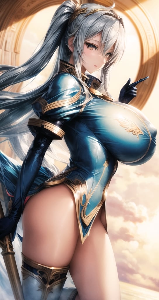 1 beautiful Valkyrie girl, sexy action pose, very long delicated platinum hair, bright gold eyes, holding a magical valkyrie sword, big giant angel wings, gigantic breasts, cleavage, clouds and giant sun in background, detailed, masterpiece quality, close-up, front of view ,fantasy00d, beams light effect, symmetrical ,giga_busty