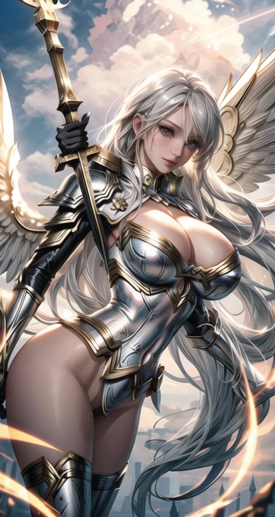 1 beautiful Valkyrie girl, sexy action pose, very long delicated platinum hair, bright gold eyes, holding a magical valkyrie sword, big giant angel wings, gigantic breasts, cleavage, clouds and giant sun in background, detailed, masterpiece quality, close-up, front of view ,fantasy00d, beams light effect, symmetrical ,giga_busty