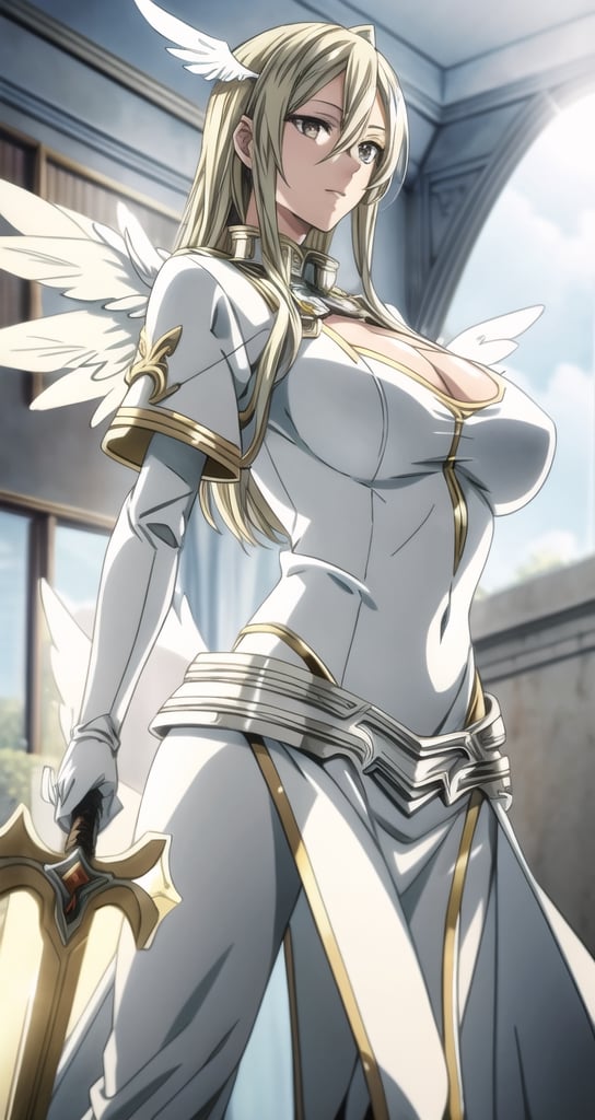 1 beautiful Valkyrie girl, sexy pose, very long delicated platinum hair, bright gold eyes, holding a magical valkyrie sword, big giant angel wings, gigantic breasts, cleavage, clouds and giant sun in background, detailed, masterpiece quality, close-up, front of view ,fantasy00d, beams light effect, symmetrical ,giga_busty