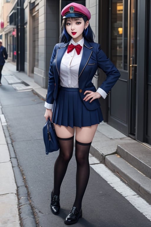 joker as a highschool girl wearing hat and uniforms, fully clothed , full body shot. on the street, giga_busty