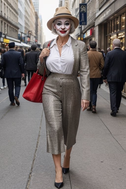 Joker dressed as a old woman wearing hat and having a bag, full body shot, on the crowded street, giga_busty