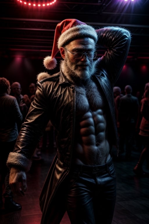 Santa is dancing, wearing perfect club fashon, in a night club,,<lora:659111690174031528:1.0>