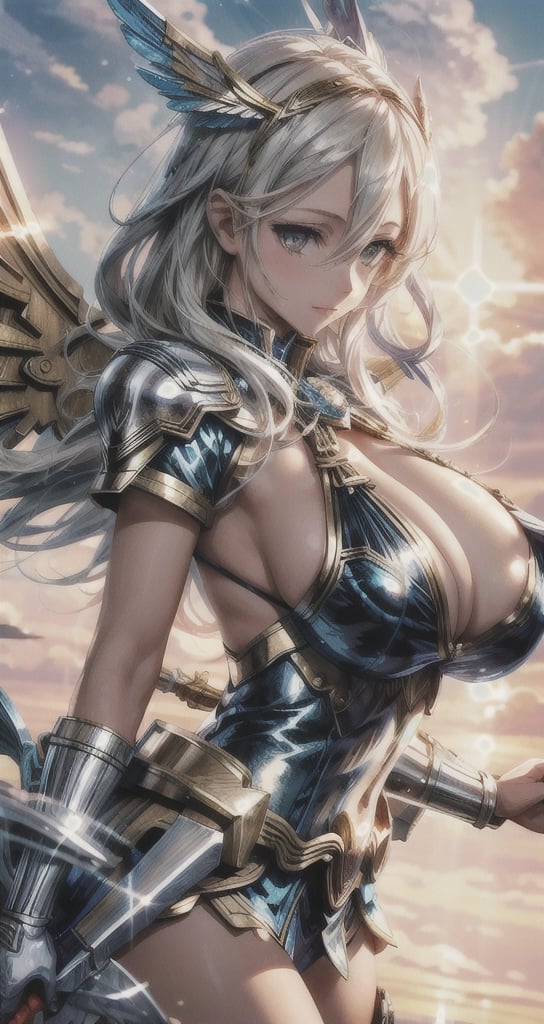 1 beautiful Valkyrie girl, sexy action pose, very long delicated platinum hair, bright gold eyes, holding a magical valkyrie sword, big giant angel wings, gigantic breasts, cleavage, clouds and giant sun in background, detailed, masterpiece quality, close-up, front of view ,fantasy00d, beams light effect, symmetrical ,giga_busty