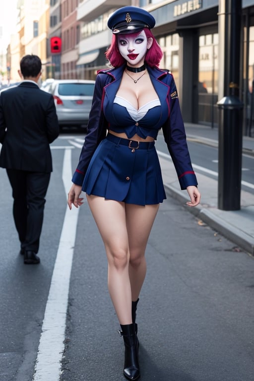 joker as a highschool girl wearing hat and uniforms, fully clothed , huge breasts, cleavage, full body shot, on the street, giga_busty