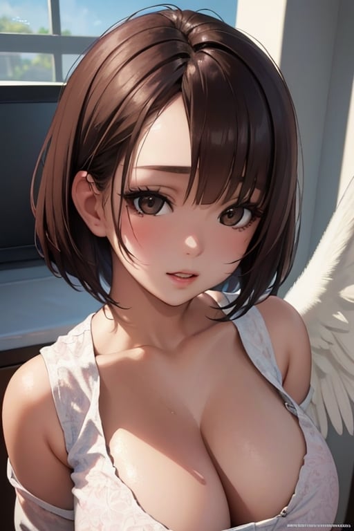realistic female, female brown eyes, brown head hair, ultra high definition, surrealistic style, angels, detailed written face  , giga_busty
