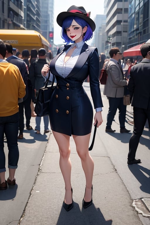 Joker dressed as a woman wearing hat and having a bag, full body shot, on the crowded street, giga_busty