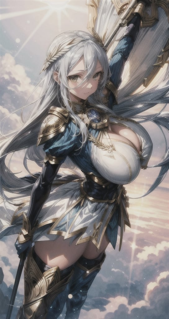 1 beautiful Valkyrie girl, sexy action pose, very long delicated platinum hair, bright gold eyes, holding a magical valkyrie sword, big giant angel wings, gigantic breasts, cleavage, clouds and giant sun in background, detailed, masterpiece quality, close-up, front of view ,fantasy00d, beams light effect, symmetrical ,giga_busty