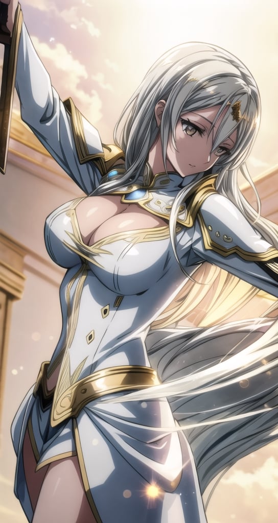 1 beautiful Valkyrie girl, sexy pose, very long delicated platinum hair, bright gold eyes, holding a magical valkyrie sword, big giant angel wings, gigantic breasts, cleavage, clouds and giant sun in background, detailed, masterpiece quality, close-up, front of view ,fantasy00d, beams light effect, symmetrical ,giga_busty