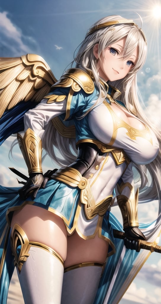 1 beautiful Valkyrie girl, sexy action pose, very long delicated platinum hair, bright gold eyes, holding a magical valkyrie sword, big giant angel wings, gigantic breasts, cleavage, clouds and giant sun in background, detailed, masterpiece quality, close-up, front of view ,fantasy00d, beams light effect, symmetrical ,giga_busty