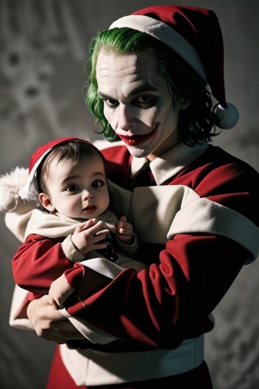 Image of the Joker dressed as a baby and Santa Claus who brought such a Joker as a gift.
,<lora:659111690174031528:1.0>