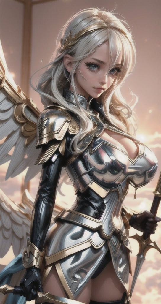 1 beautiful Valkyrie girl, sexy action pose, very long delicated platinum hair, bright gold eyes, holding a magical valkyrie sword, big giant angel wings, gigantic breasts, cleavage, clouds and giant sun in background, detailed, masterpiece quality, close-up, front of view ,fantasy00d, beams light effect, symmetrical ,giga_busty