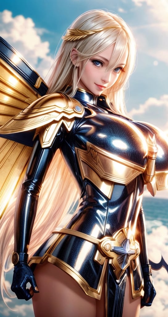 1 beautiful Valkyrie girl, sexy action pose, very long delicated platinum hair, bright gold eyes, holding a magical valkyrie sword, big giant angel wings, gigantic breasts, cleavage, clouds and giant sun in background, detailed, masterpiece quality, close-up, front of view ,fantasy00d, beams light effect, symmetrical ,giga_busty