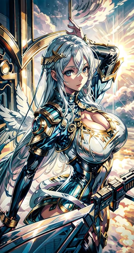 1 beautiful Valkyrie girl, sexy action pose, very long delicated platinum hair, bright gold eyes, holding a magical valkyrie sword, big giant angel wings, gigantic breasts, cleavage, clouds and giant sun in background, detailed, masterpiece quality, close-up, front of view ,fantasy00d, beams light effect, symmetrical ,giga_busty