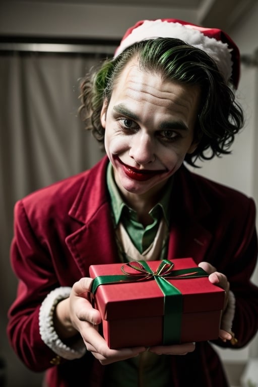 the Joker as a Santa Claus with gift box

,,<lora:659111690174031528:1.0>