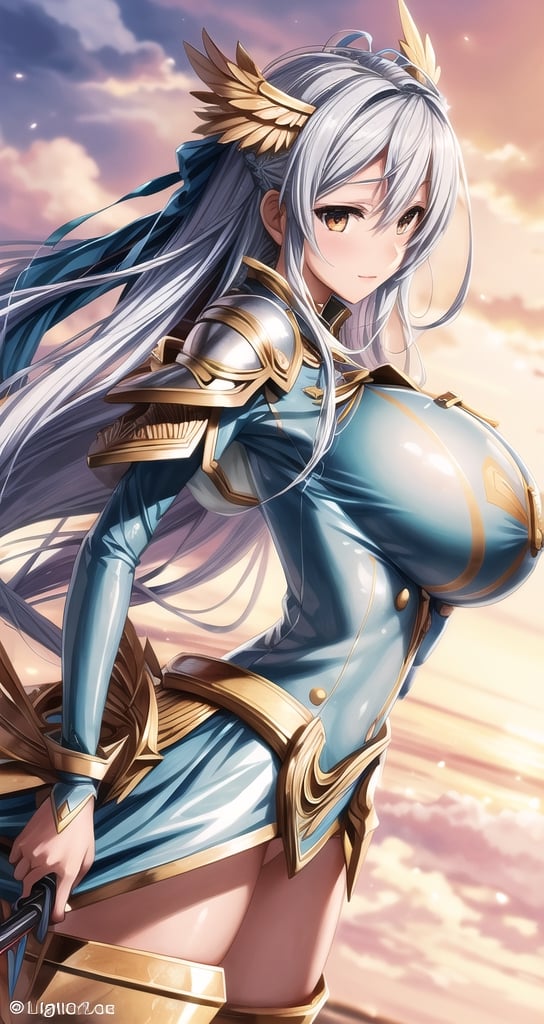 1 beautiful Valkyrie girl, sexy action pose, very long delicated platinum hair, bright gold eyes, holding a magical valkyrie sword, big giant angel wings, gigantic breasts, cleavage, clouds and giant sun in background, detailed, masterpiece quality, close-up, front of view ,fantasy00d, beams light effect, symmetrical ,giga_busty