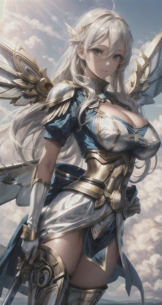 1 beautiful Valkyrie girl, sexy action pose, very long delicated platinum hair, bright gold eyes, holding a magical valkyrie sword, big giant angel wings, gigantic breasts, cleavage, clouds and giant sun in background, detailed, masterpiece quality, close-up, front of view ,fantasy00d, beams light effect, symmetrical ,giga_busty