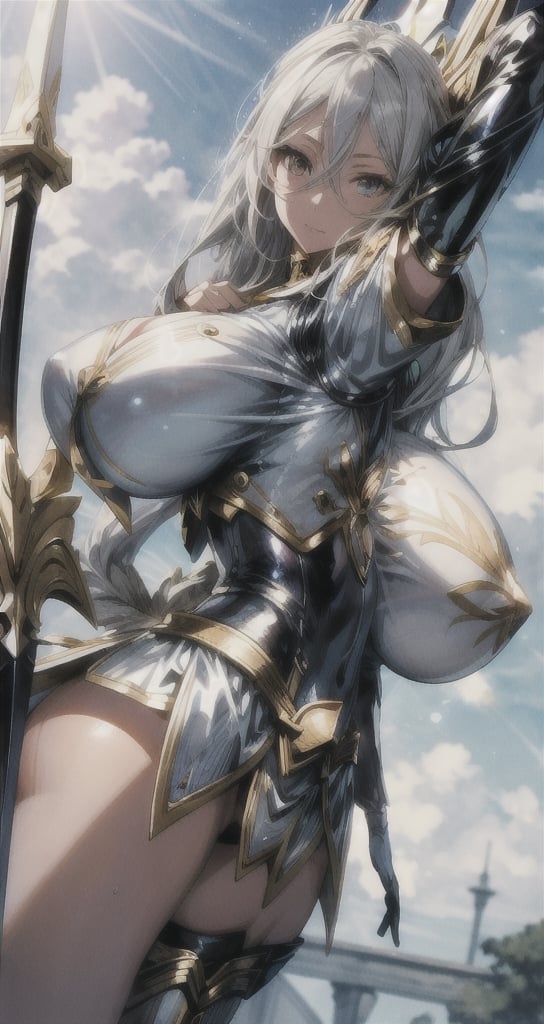 1 beautiful Valkyrie girl, sexy action pose, very long delicated platinum hair, bright gold eyes, holding a magical valkyrie sword, big giant angel wings, gigantic breasts, cleavage, clouds and giant sun in background, detailed, masterpiece quality, close-up, front of view ,fantasy00d, beams light effect, symmetrical ,giga_busty