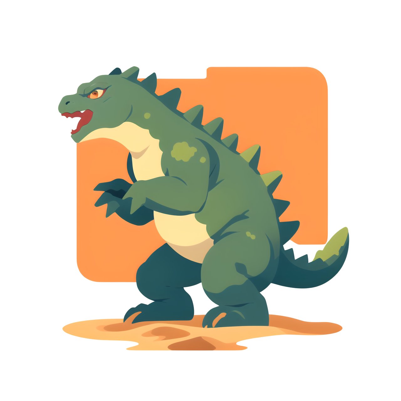 coloredic0n icon, a godzilla, light_orange_background, on sand