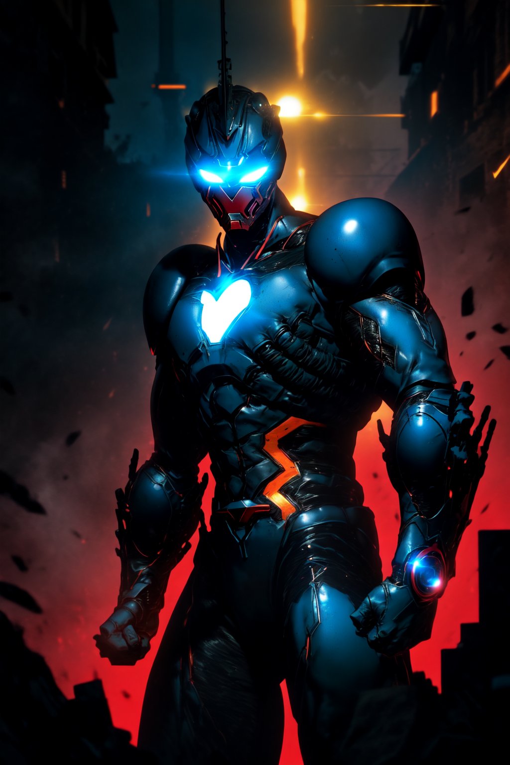 Close-up shot of Iron Man's arm as he stands in a dark alleyway, neon lights reflecting off his suit. The Guyver Unit is integrated into the armor, with glowing blue circuits and a black and red metallic sheen. The Iron Man mask glows bright red, with a subtle hint of Tony Stark's smile beneath. The camera pans down to reveal the sleek, high-tech design as he prepares for battle.