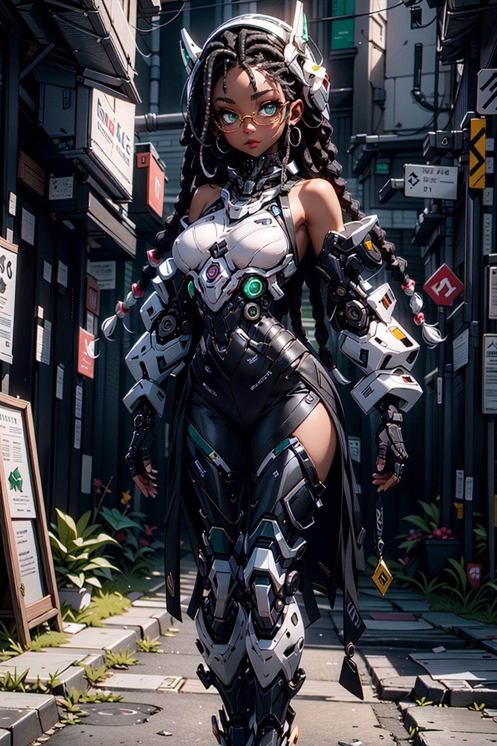 masterpiece, ultra hd, 8k,hdr, dynamic , emerald eyes , hyper realistic, detailed background, finely detailed_body, big_boobs , fullbody, gigantic_breast,1girl, very long hairstyle, (dreadlocks:1.5),(white and black hair color:1.2), (bright eyes:1.1),bdsm collar,glasses,open_legs,perfecteyes,Detailedface,Detailedeyes, mecha ,cybernetic_enhancements,dungeon,urban techwear, outfit,helmet,((ebony skin))