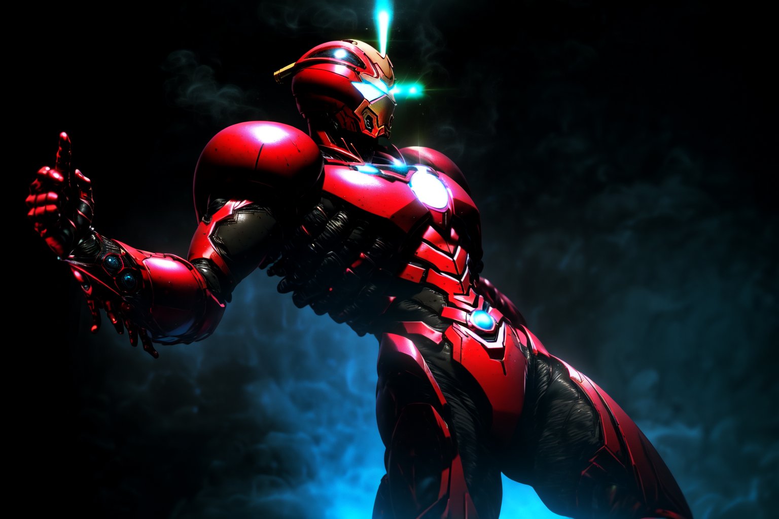 Close-up shot of Iron Man's arm as he stands in a dark alleyway, neon lights reflecting off his suit. The Guyver Unit is integrated into the armor, with glowing blue circuits and a black and red metallic sheen. The Iron Man mask glows bright red, with a subtle hint of Tony Stark's smile beneath. The camera pans down to reveal the sleek, high-tech design as he prepares for battle.