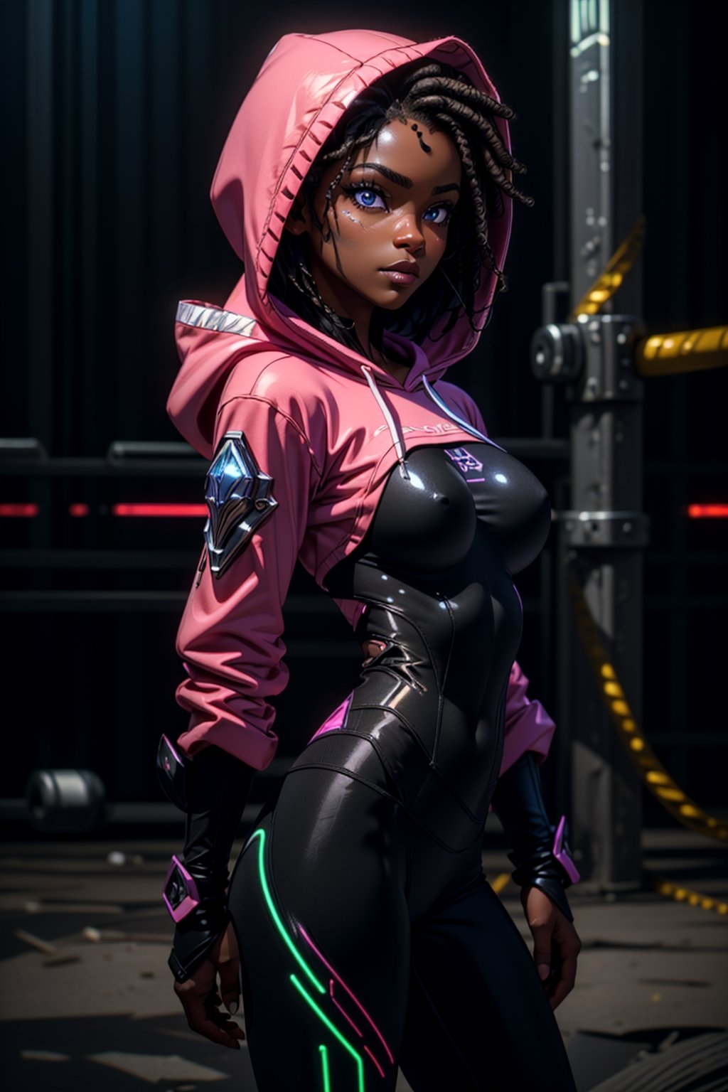 (1girl), ((vigilanty, hoodie, leggings, neon lights, Arora clothes, bodysuit:1.3)), (side view, muscular, fit, cyberware, Armor), ((large Breasts, rounded breasts:1.3)), (accentuated hip), (large pelvic, big ass), ((narrow waist, curvy waist:1.2)), ((slim, skinny waist, slender body:1.2)), (fighting pose:1.2), dreadlocks hairstyle, colour streaked hair, highlights, seductress, tempting,masterpiece, best quality, ultra highres, depth of field, (cinematic lighting:1.2), (detailed face, detailed eyes:1.2), (detailed lips, rose lips:1.2), (detailed background:1.2), (battle field, post war:1.2) (masterpiece:1.2), (ultra detailed), (best quality), intricate, comprehensive cinematic, scientific photography, (gradients), colorful, detailed landscape, shiny skin, looking_at_viewer ,perfecteyes,mecha musume,(ebony skin:1.5)