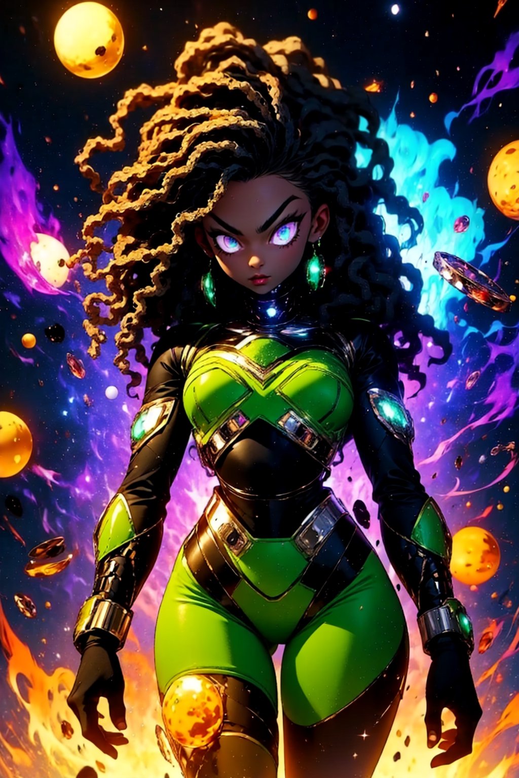 centered, digital art, upper body, (beautiful detailed eyes:1.2), | solo, ebony woman, wearing the black and purple cybernetic armor with green parts of Space Woman, tight bodysuit, black hair, dreadlock hair, emerald eyes, muscular proportions, | in a dungeon made all of metal, | bokeh , depth of field,Robot_Master,r1ge