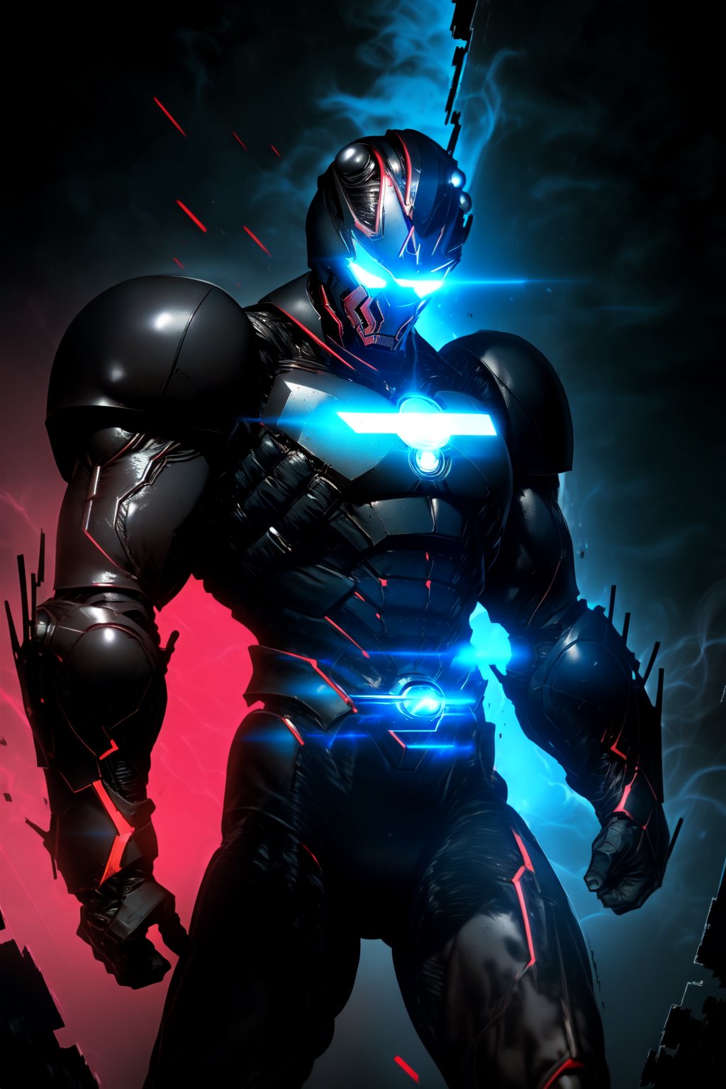 Close-up shot of Iron Man's arm as he stands in a dark alleyway, neon lights reflecting off his suit. The Guyver Unit is integrated into the armor, with glowing blue circuits and a black and red metallic sheen. The Iron Man mask glows bright red, with a subtle hint of Tony Stark's smile beneath. The camera pans down to reveal the sleek, high-tech design as he prepares for battle.