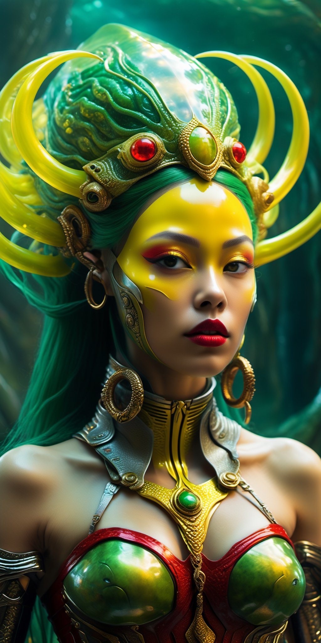 Art digital, by panchovilla.
A portrait of a warrior princess alien with long green hair, yellow eyes, and translucent armor. She wears an octopus helmet and has red lips. In the background, there's an alien environment with an ethereal light that takes the form of a monstrous creature. The photo is real, with perfect eyes and insane details.