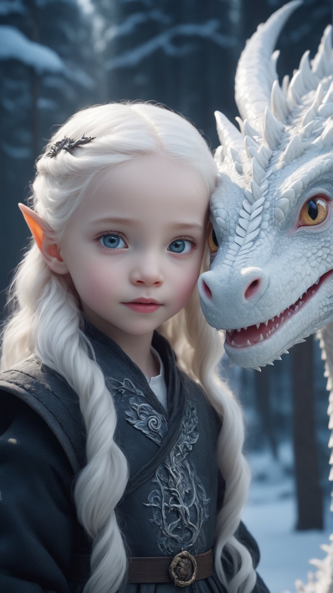 (fantasy style, portrait of a little albino girl, close-up, extremely beautiful, long wavy hairstyle, beautiful gray eyes, wearing a black winter coat), cold atmosphere, winter theme, (((hugging the baby dragon))), snow , Game of thrones style, pine trees, dark storm clouds, fluffy clouds in the background, unreal engine, (masterpiece, intricate, epic details, sharp focus, dramatic and surreal oil painting),cute dragon