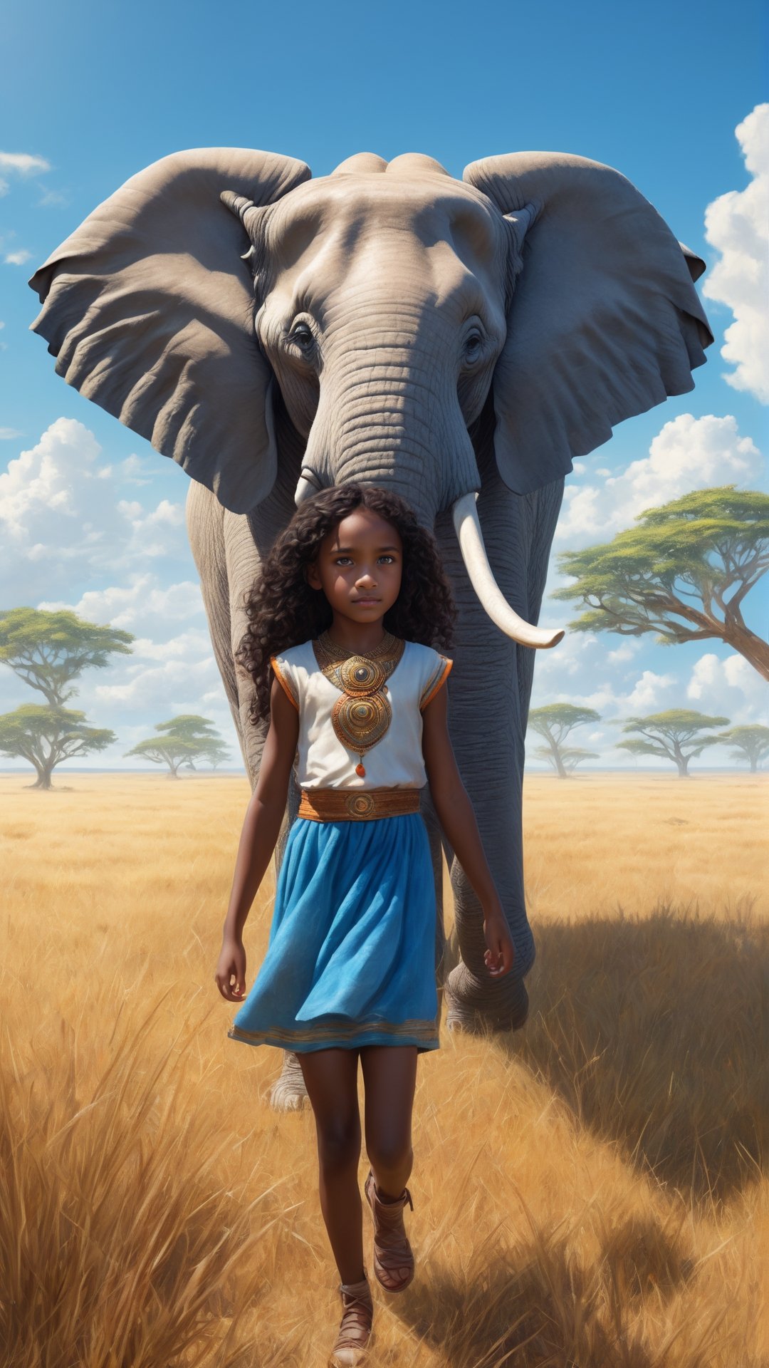 Bright, high-definition, ultra-reality portrait of an expressive 10-year-old dark-skinned Amazonian girl with long black curly hair. in the savannah, heat theme, (hugging white elephant calf), African savannah, ancient trees, blue sky, fluffy clouds in the background, unreal engine, (masterpiece, intricacies, epic details, sharp focus, dramatic oil painting and surreal),