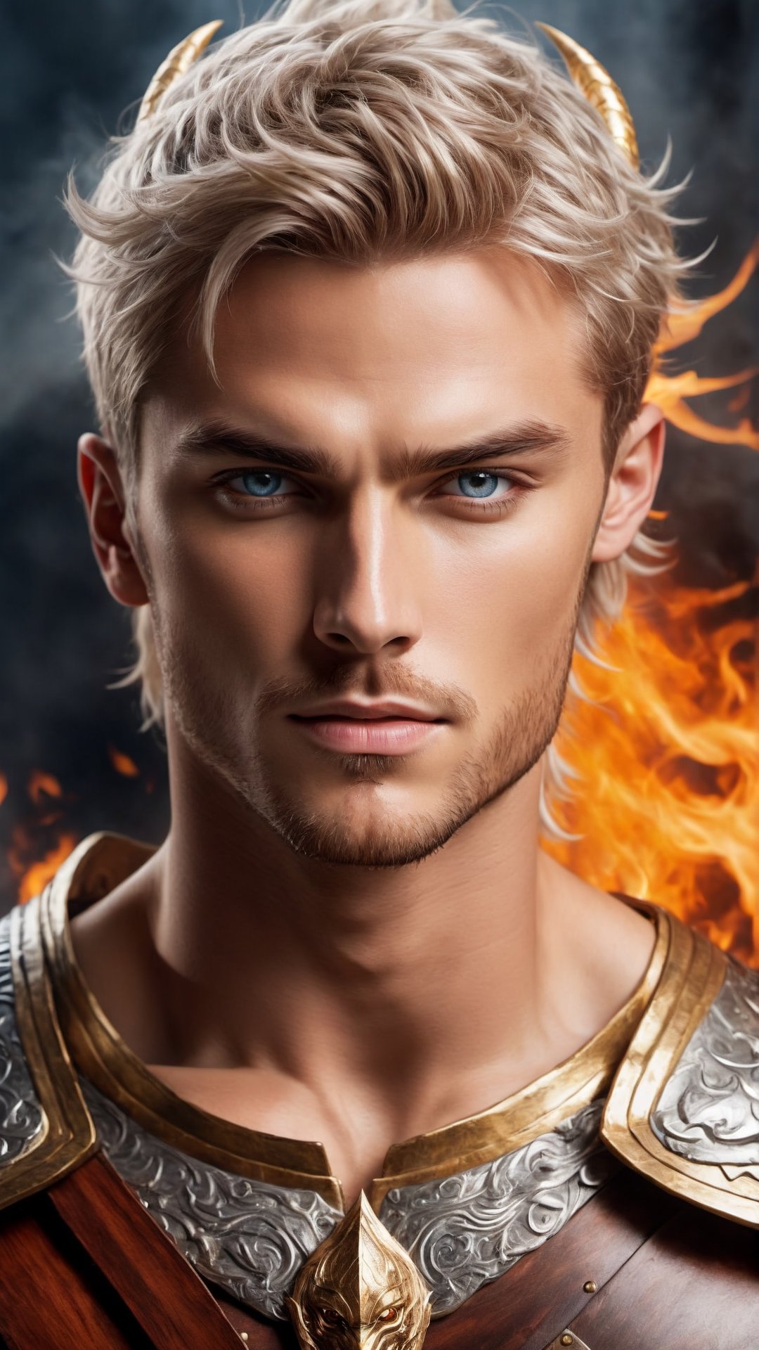 Insanely detailed photograph of a handsome young man, Nordic God look, stunning eyes, half-smile, fit body, with nordic warrior outfits and clothes, fighting with a dragon, a wood on fire in the background, intricate, detailed body, higly detailed face, white, silver, golden, cinematic ambience, detailed, HDR, 8k resolution, cinematic, DSLR, ultra quality, chiaroscuro,photo r3al