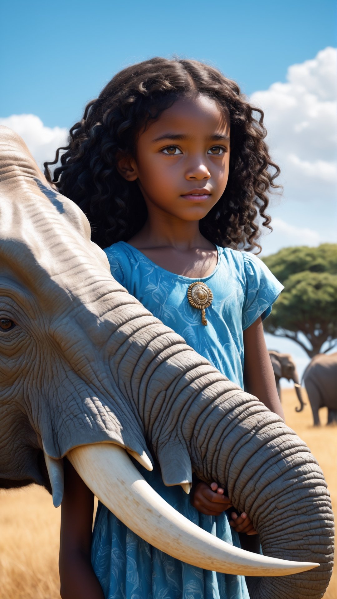 Bright, high-definition, ultra-reality portrait of an expressive 10-year-old dark-skinned Amazonian girl with long black curly hair. in the savannah, heat theme, (hugging white elephant calf), African savannah, ancient trees, blue sky, fluffy clouds in the background, unreal engine, (masterpiece, intricacies, epic details, sharp focus, dramatic oil painting and surreal),