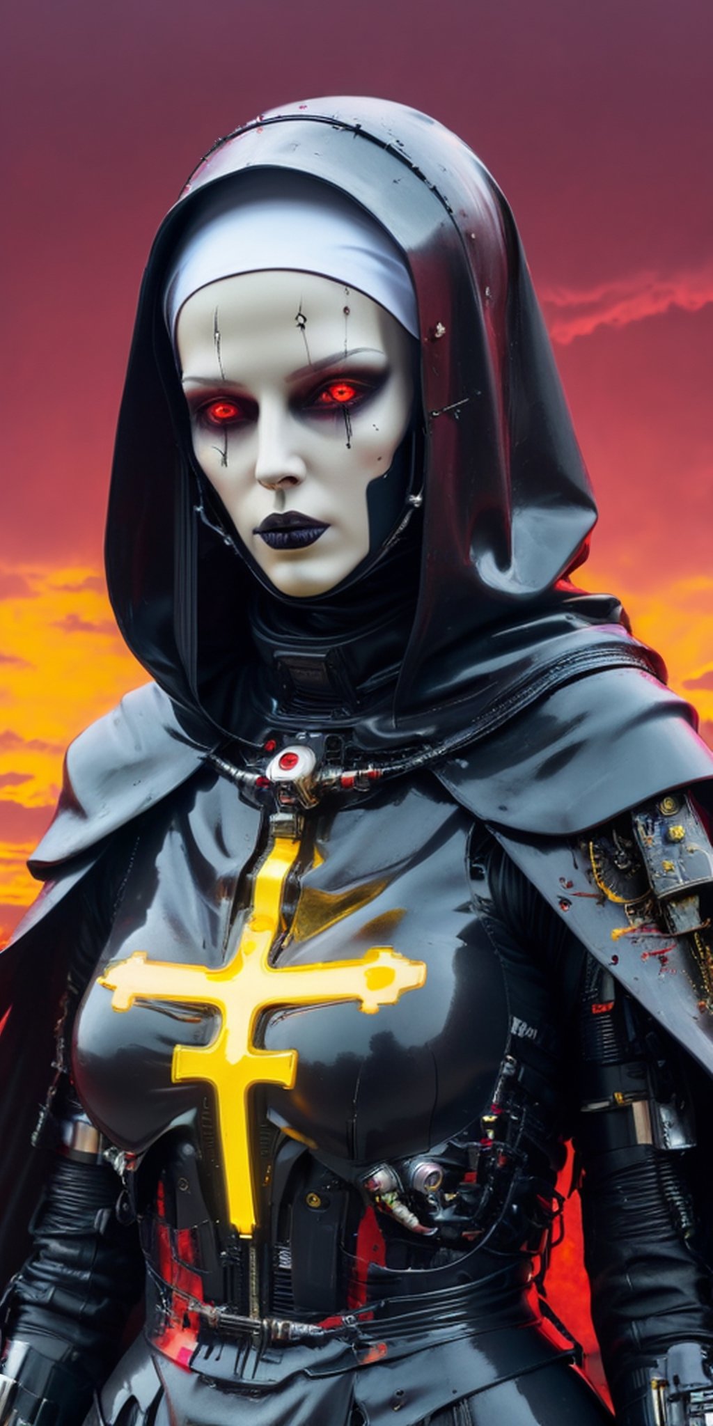 lethal killer cyborg nun wearing nun clothes and hooded armor, danger, red-yellow sky, post-apocalyptic art, neon horror, science fiction, glitchcore, cgsociety, modern european ink painting, androgynous, mixed media, dystopian art, art black and neon cosmic, analog horror, nightmare, space punk, glitchcore, frighteningly beautiful, beautifully threatening. A world-class female cyborg nun in stunning HD, world-class art, unique and modern masterpiece, exceptional, exquisite, dark fantasy, apocalypse art, calotype