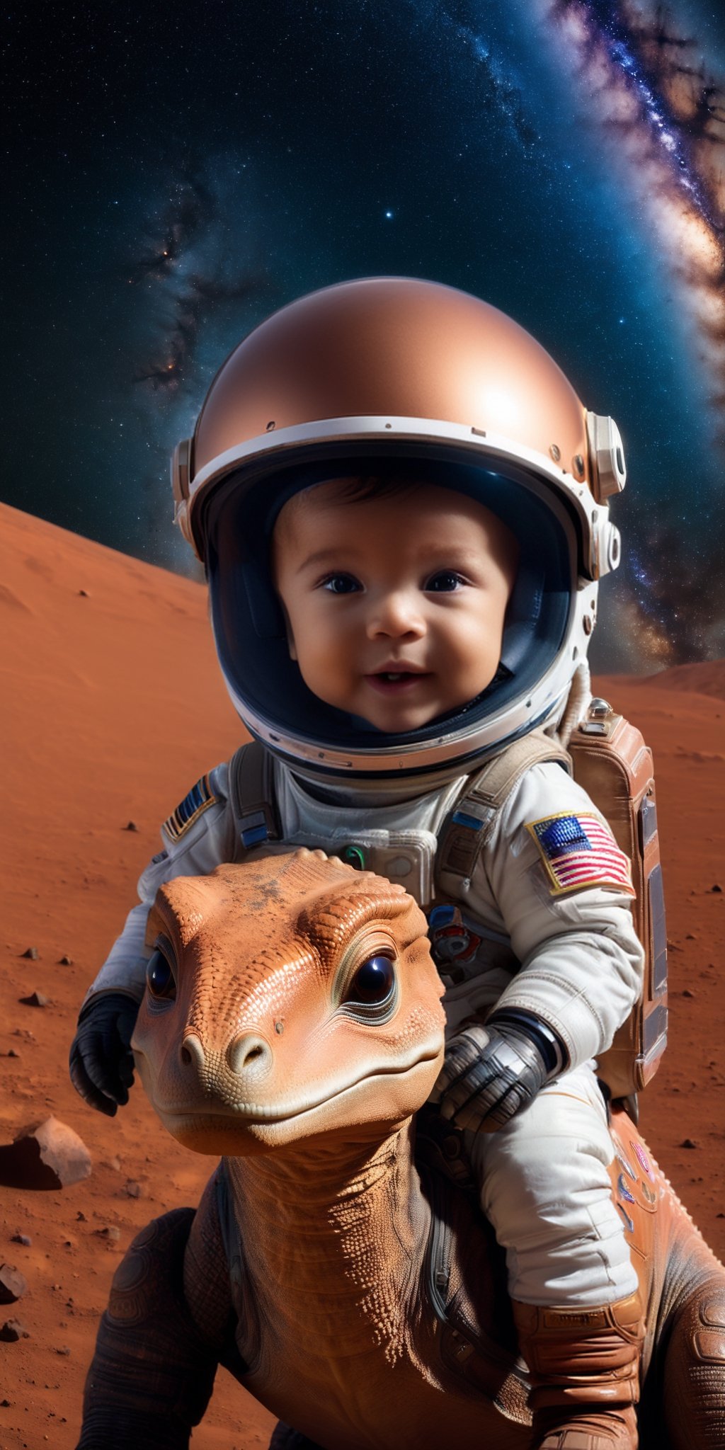 A photograph of a child astronaut riding a baby dinosaur on Mars,
        with the Milky Way as a backdrop, face visible through the helmet.
        high resolution,
        High definition.