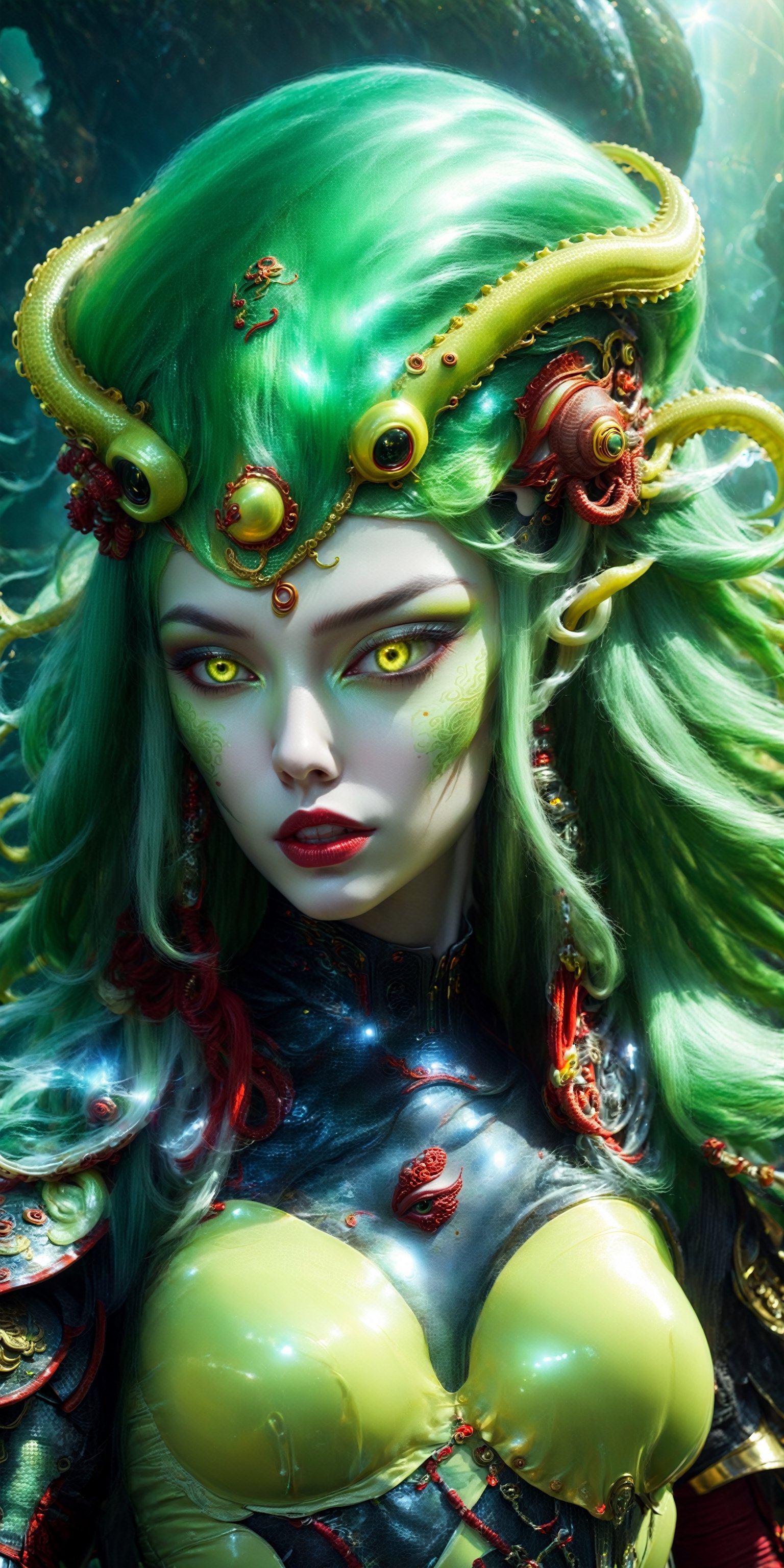 Art  digital, by panchovilla. 
A portrait of a warrior princess alien with long green hair, yellow eyes, and translucent armor. She wears an octopus helmet and has red lips. In the background, there's an alien environment with an ethereal light that takes the form of a monstrous creature. The photo is real, with perfect eyes and insane details, full body.