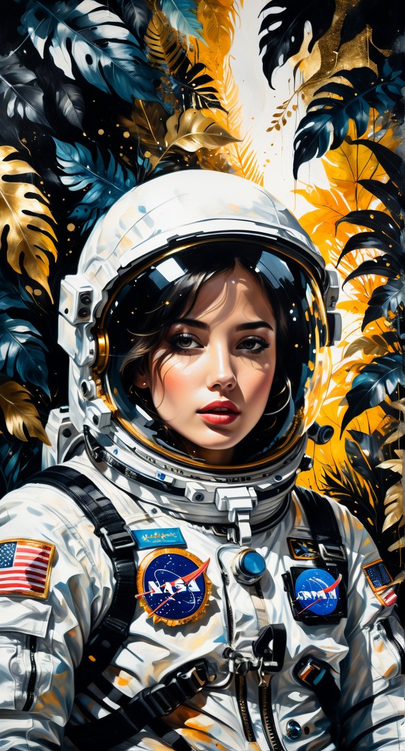 breathtaking film portrait, astronaut in the jungle, low angle image, incredibly detailed, fine details, professional color grading, dark gold and black, delicate fabrics, jagged edges, eye-catching details, incredibly intricate and vibrant light and shadow, beauty, panel paintings, textured background, captivating, stencil art, oil painting style, modern ink, watercolor, brush strokes, white negative space