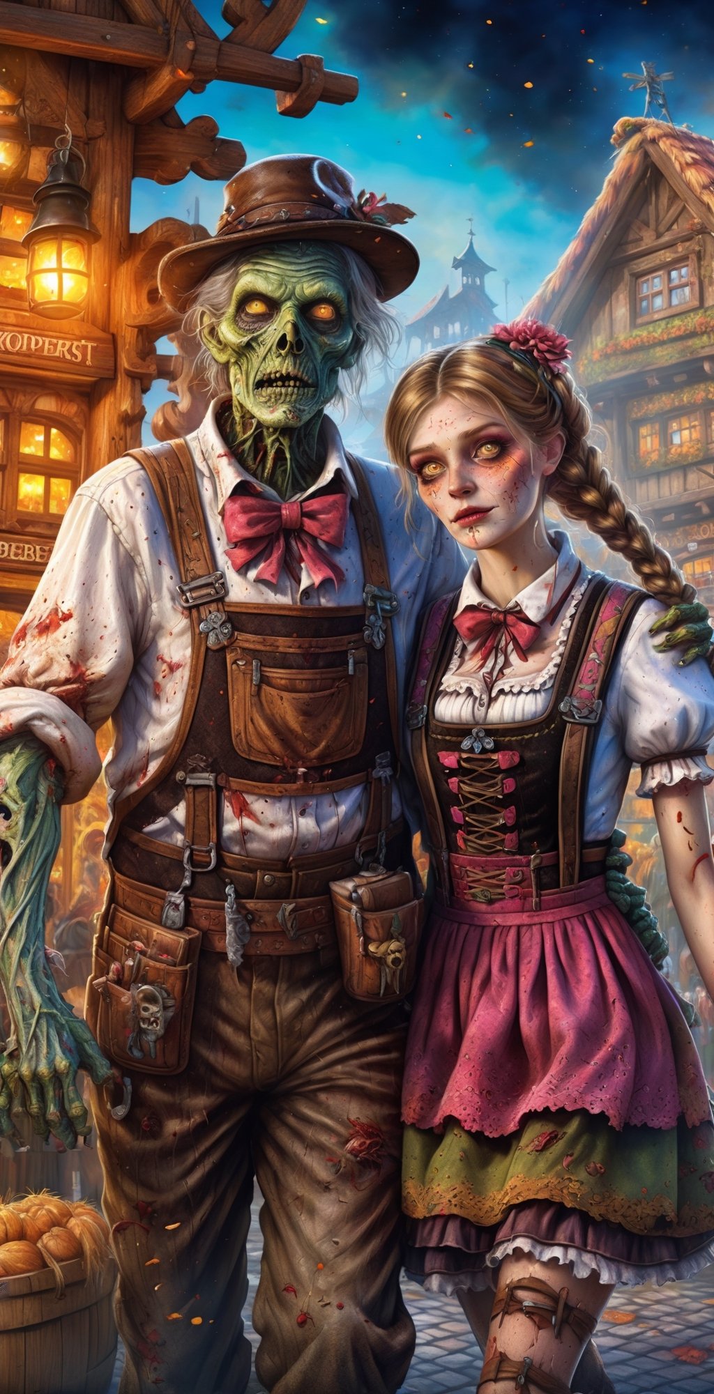 Creepy oktoberfest town, zombie women in dirndls and men in lederhosen ultra realistic, glow dust, light glow, concept art, intricate details, highly detailed, 8k, art by artgerm and Josephine Wall and Ferdinand Knab